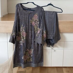 Elegant Gray Floral Embroidered Dress with Scarf